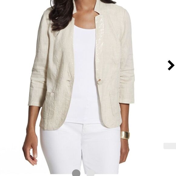 Chico’s Size 1 medium Cream Sequin Lapel Linen Blazer - Picture 1 of 16